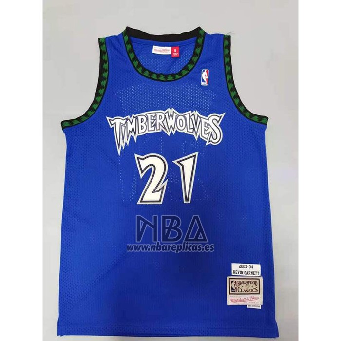 Camiseta Minnesota Timberwolves Kevin Garnett NO 21 Hardwood Classics Throwback 2003-04 Azul